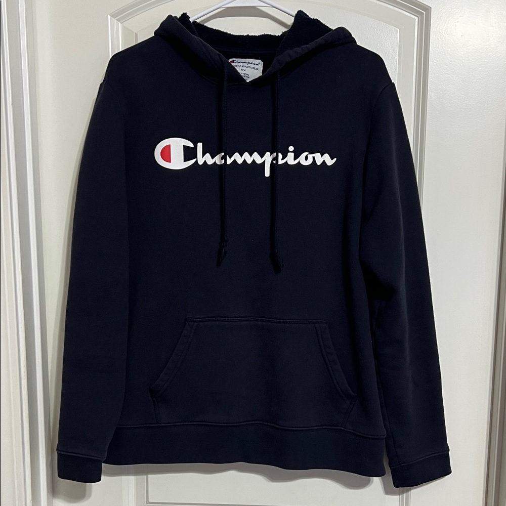 Champion Navy Hoodie with Logo mens medium sweatshirt